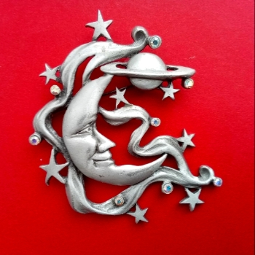 Vintage JJ  Large Silver Celestial MOON Brooch with Stars and Planet